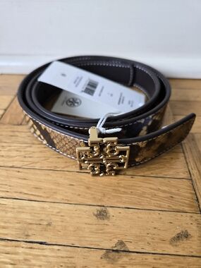 Tory Burch Brown Snake-Print Belt with Gold Logo Buckle